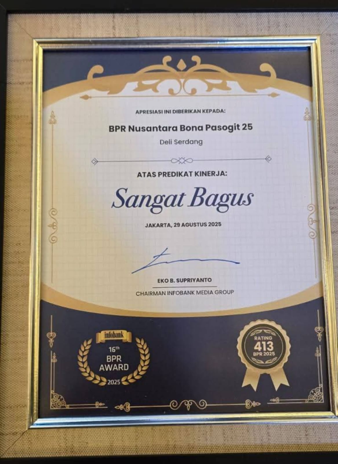 BPR Nusantara Bona Pasogit 25 Raih Predikat “Sangat Bagus” pada Infobank 16th BPR Award 2025